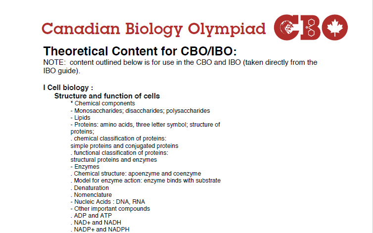 Canadian Biology Olympiad（CBO/OCB）加拿大生物奥赛范围