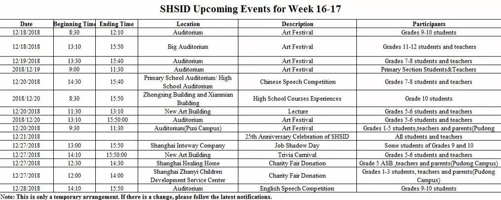 SHSID Upcoming Events for Week 16-17