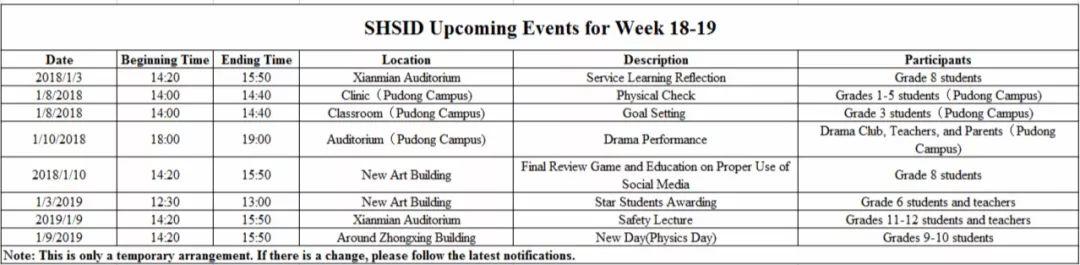 SHSID Upcoming Events for Week 18-19