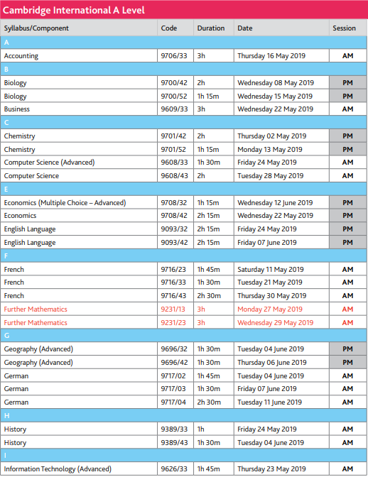 2019年5月CIE考试局ALevel考试时间表