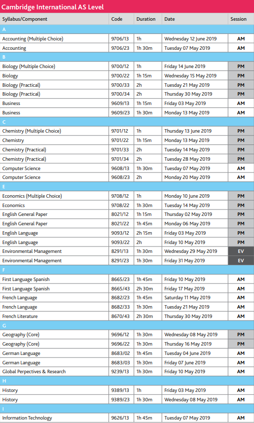 2019年5月CIE考试局AS Level考试时间表