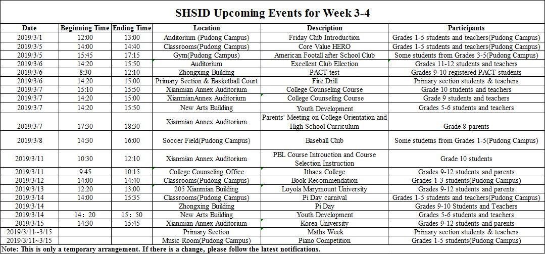 SHSID Upcoming Events for Week 3-4