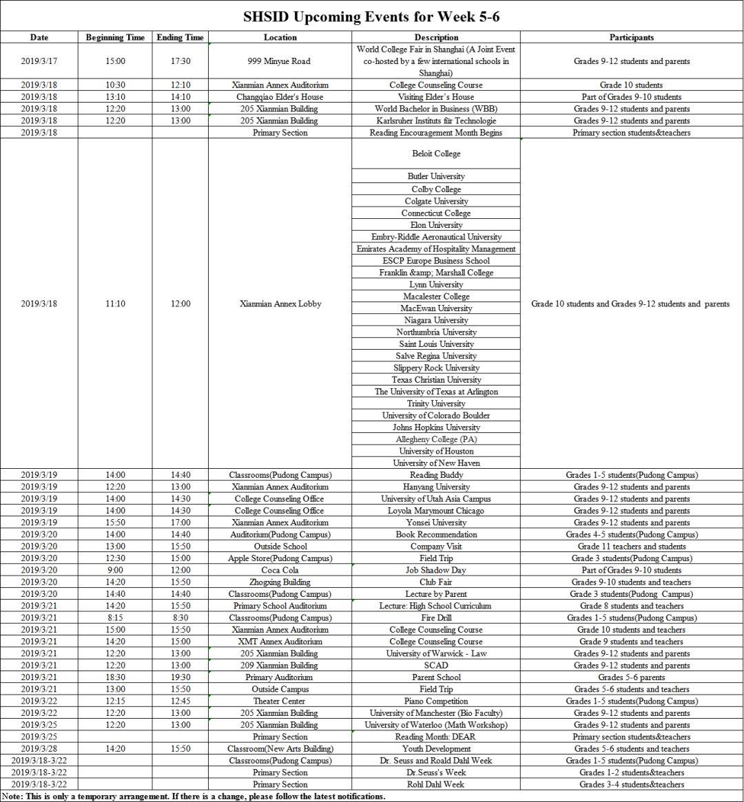 SHSID Upcoming Events for Week 5-6