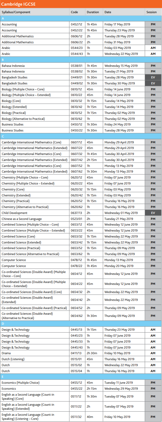 2019年5月CIE考试局IGCSE试时间表
