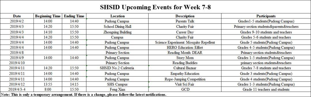 SHSID Upcoming Events for Week 7-8
