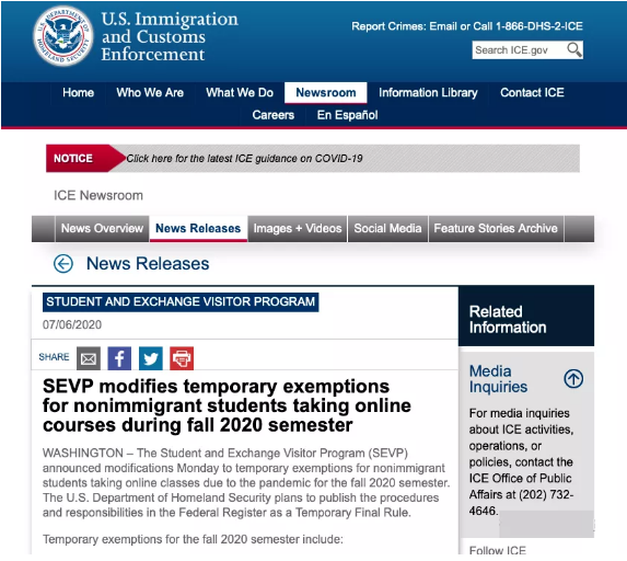 惊了！美国移民局宣布大学全网课国际生将被强制离境，留学生们该走向何方？