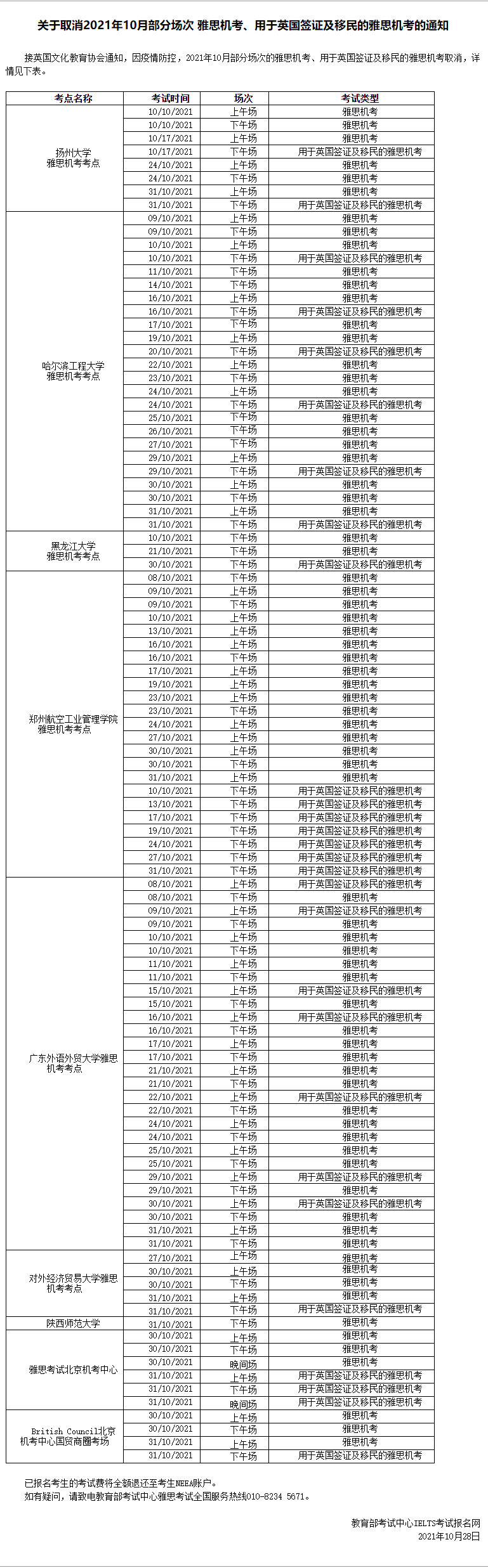 这个考点10-11月所有雅思考试取消！10-12月已取消场次一览！