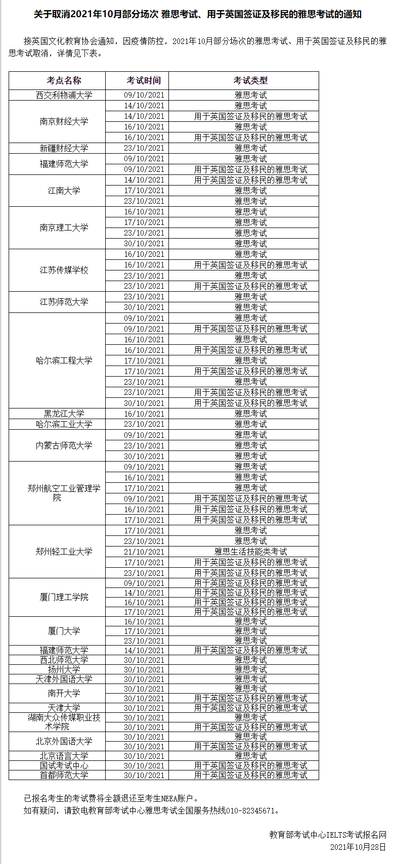 这个考点10-11月所有雅思考试取消！10-12月已取消场次一览！