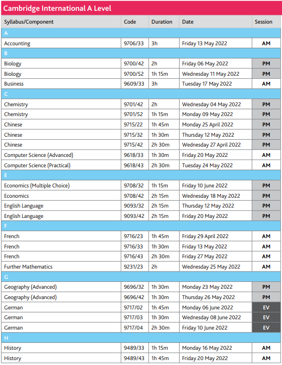 2022年三大国际考试局A-level夏季考试日程已经公布！