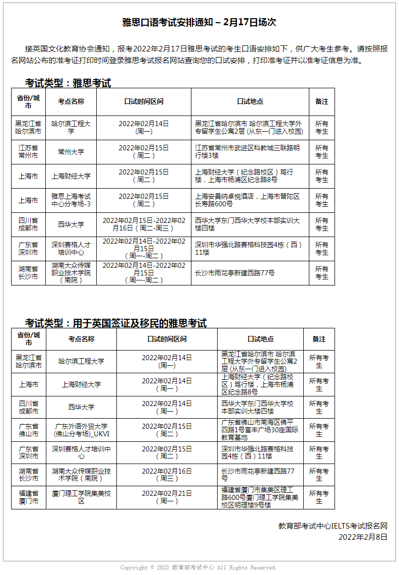 更新！2月17日雅思考试口语安排已出！