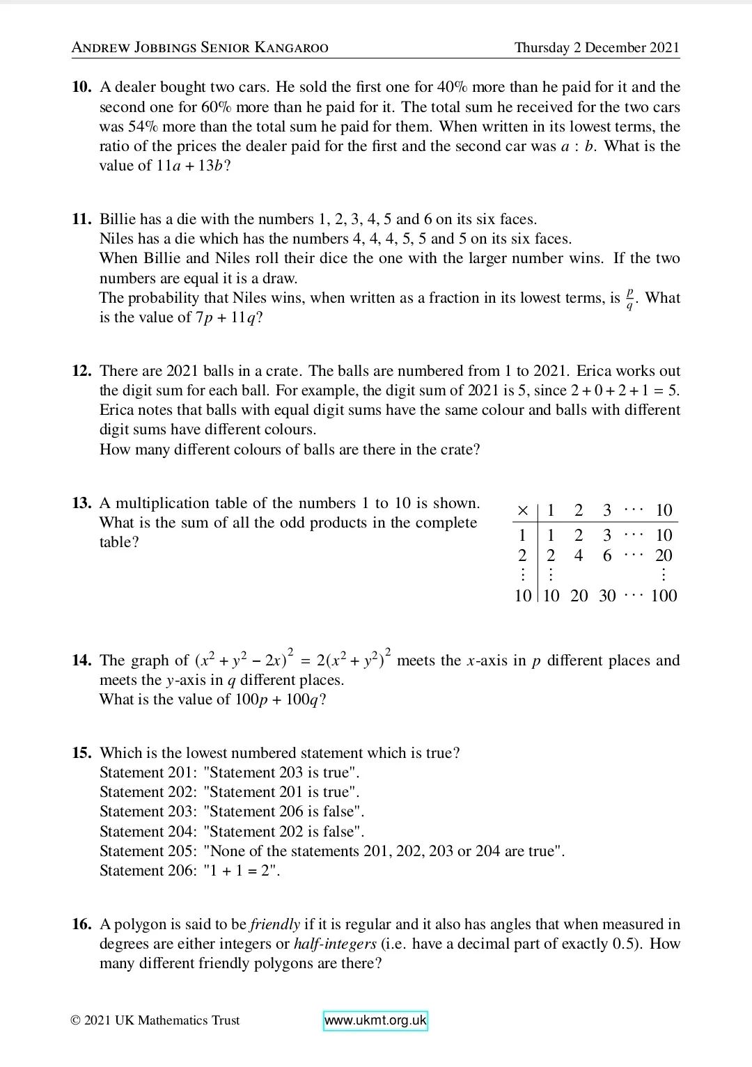 英国高级数学袋鼠竞赛真题及答案出炉