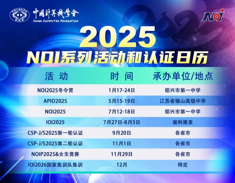 重要通知！2025年NOI信息学奥赛日程公布！