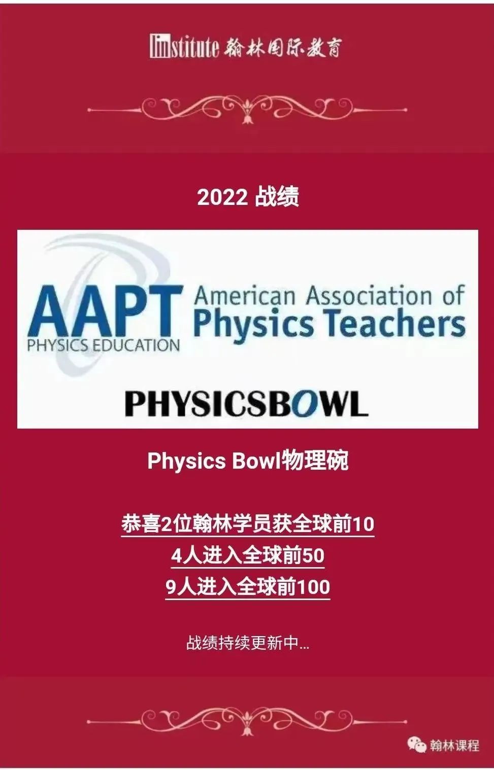 2024物理碗放榜！分数线创新高！翰林2位学员进入全球百强！