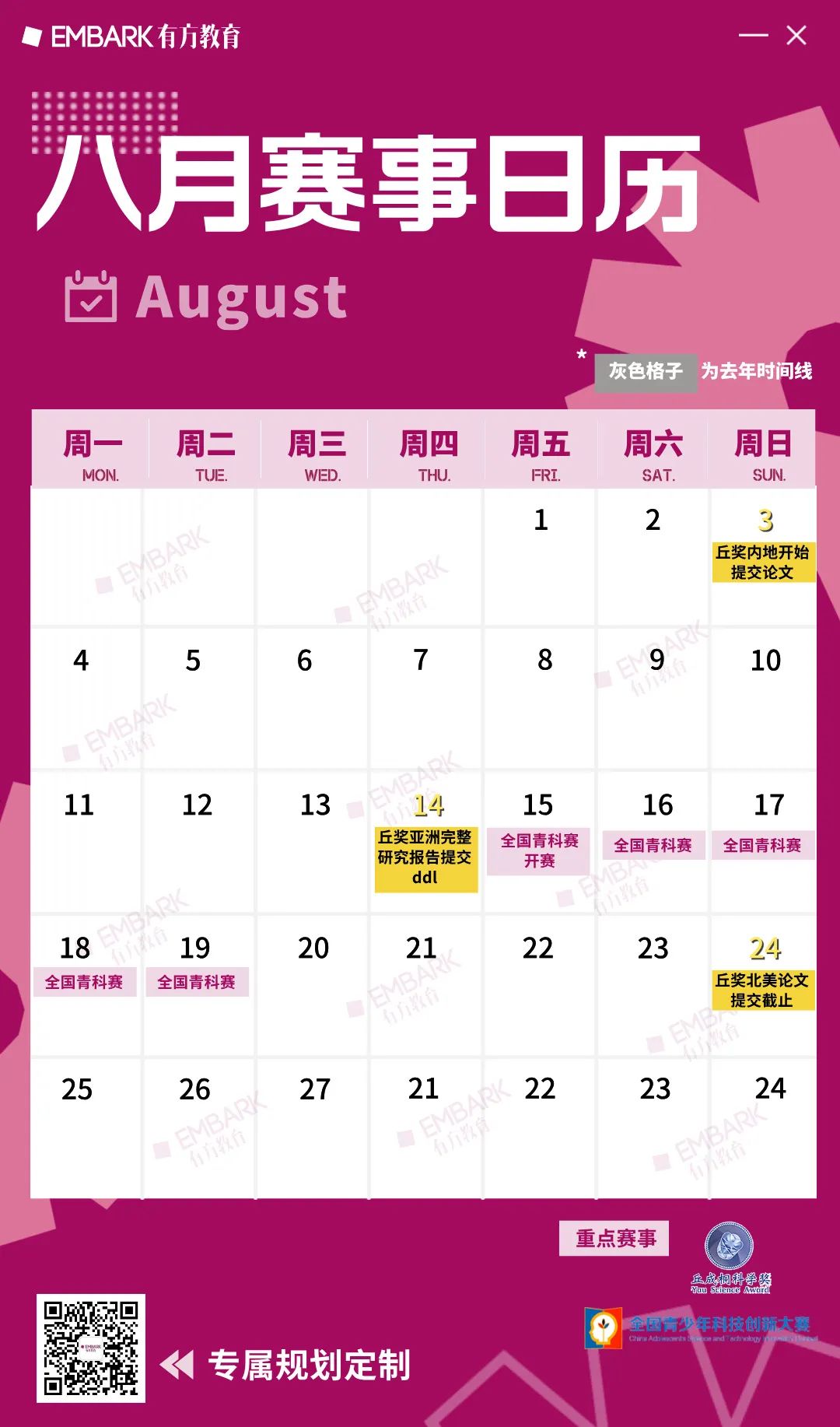 八月赛事指南！丘奖三大赛区动态不断，全国青科赛即将开赛，参赛er想赢暑期档？关键节点别错过~
